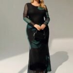 SHEIN GRANDE TAILLE (44/46/48/50/52/54) Robe maxi élégante à manches longues col bateau imprimé dégradé E327 https://sheinstyle.store original Algerie DZ