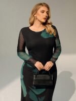 SHEIN GRANDE TAILLE (44/46/48/50/52/54) Robe maxi élégante à manches longues col bateau imprimé dégradé E327 https://sheinstyle.store original Algerie DZ