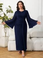 SHEIN GRANDE TAILLE (44/46/48/50/52/54) Robe maxi plissée à manches longues et col rond E323 https://sheinstyle.store original Algerie DZ