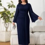 SHEIN GRANDE TAILLE (44/46/48/50/52/54) Robe maxi plissée à manches longues et col rond E323 https://sheinstyle.store original Algerie DZ